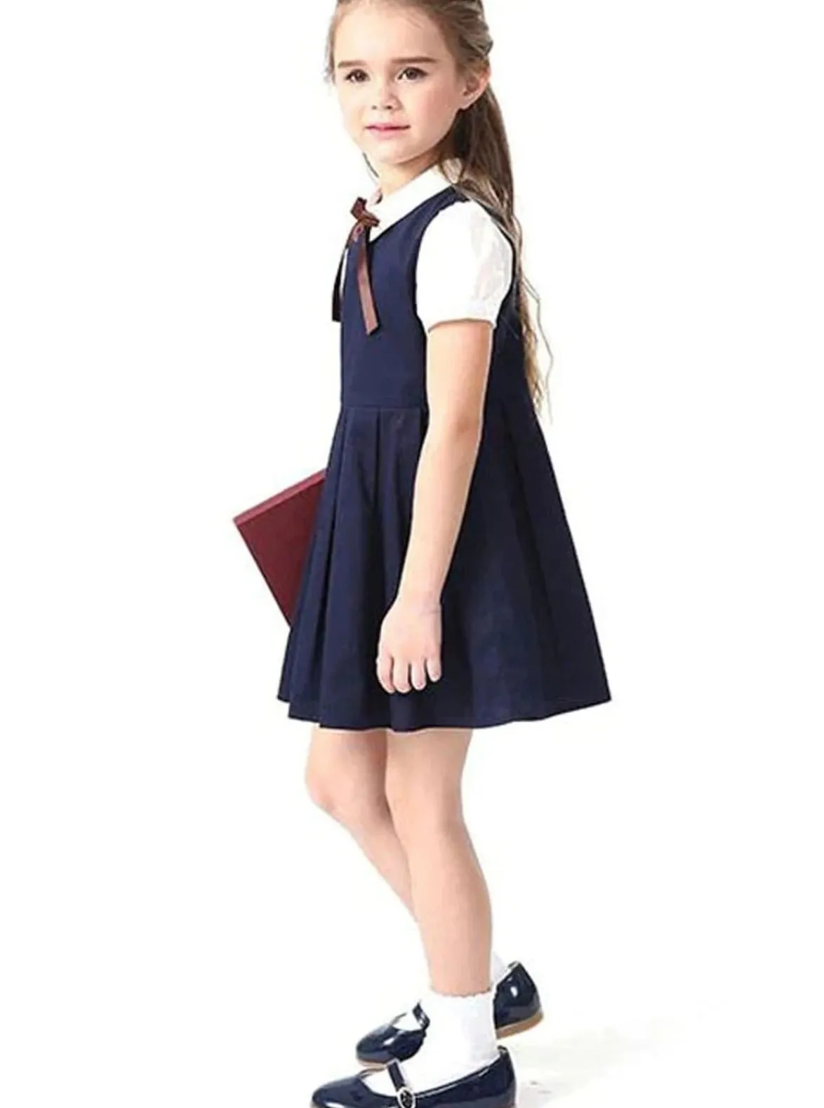 Girls Preppy Bow Tie Collar Pleated A-Line School Girl Uniform Dress