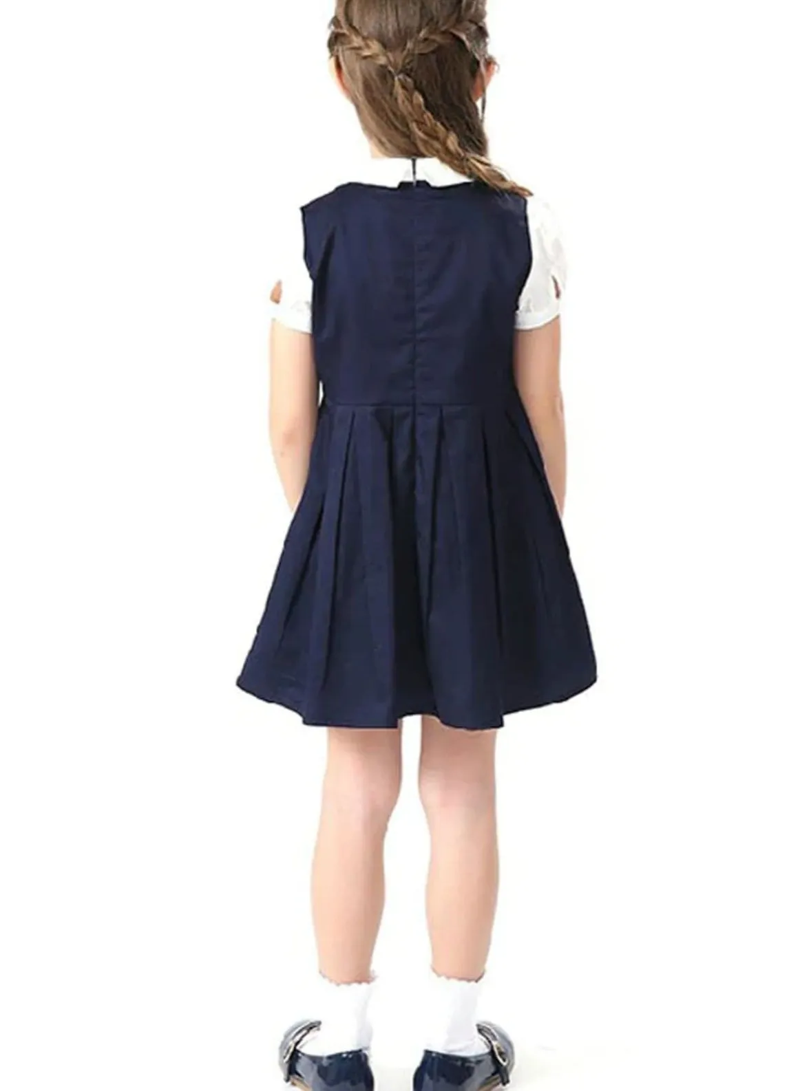 Girls Preppy Bow Tie Collar Pleated A-Line School Girl Uniform Dress