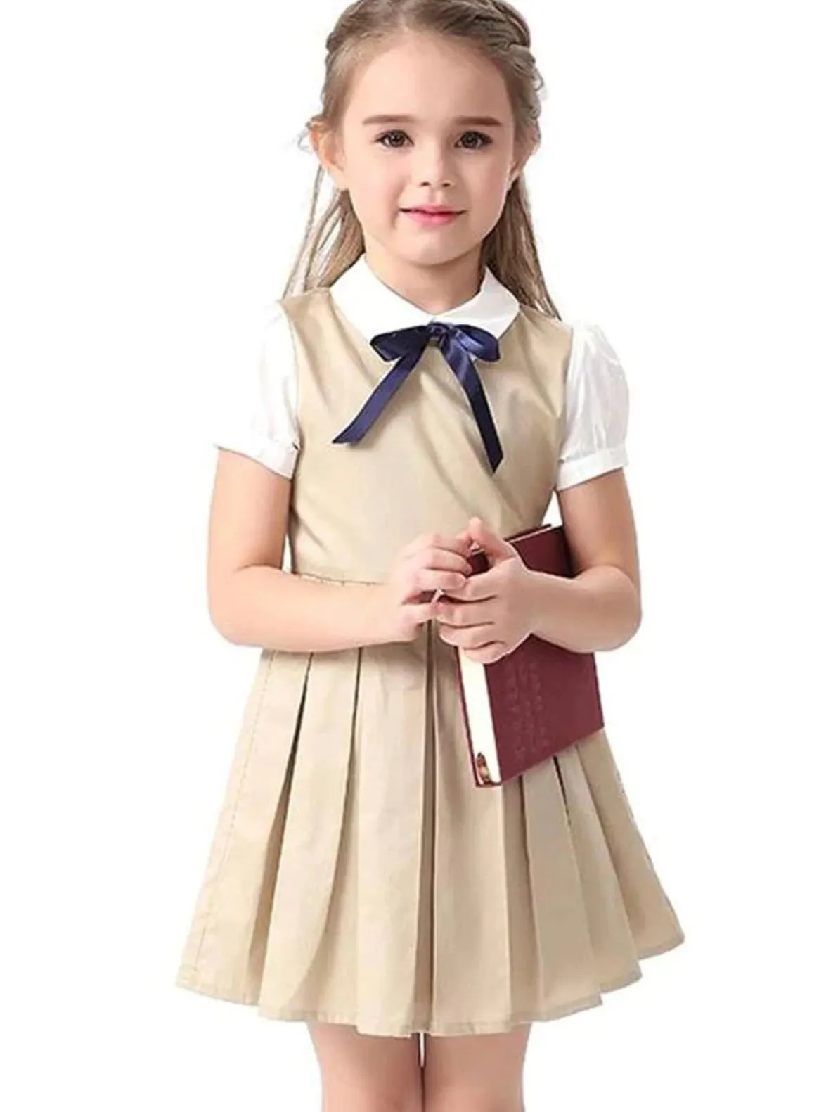 Girls Preppy Bow Tie Collar Pleated A-Line School Girl Uniform Dress