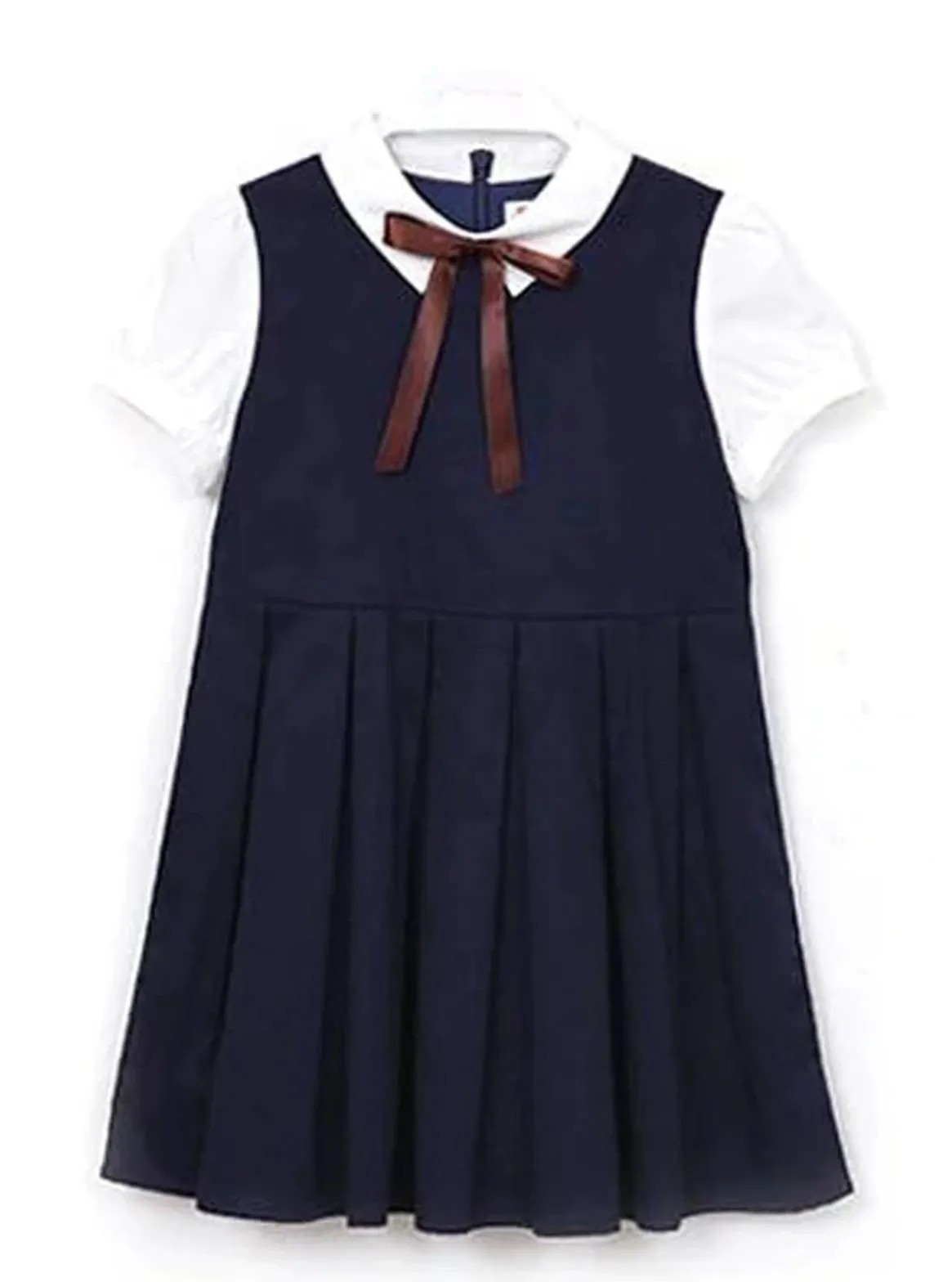 Girls Preppy Bow Tie Collar Pleated A-Line School Girl Uniform Dress