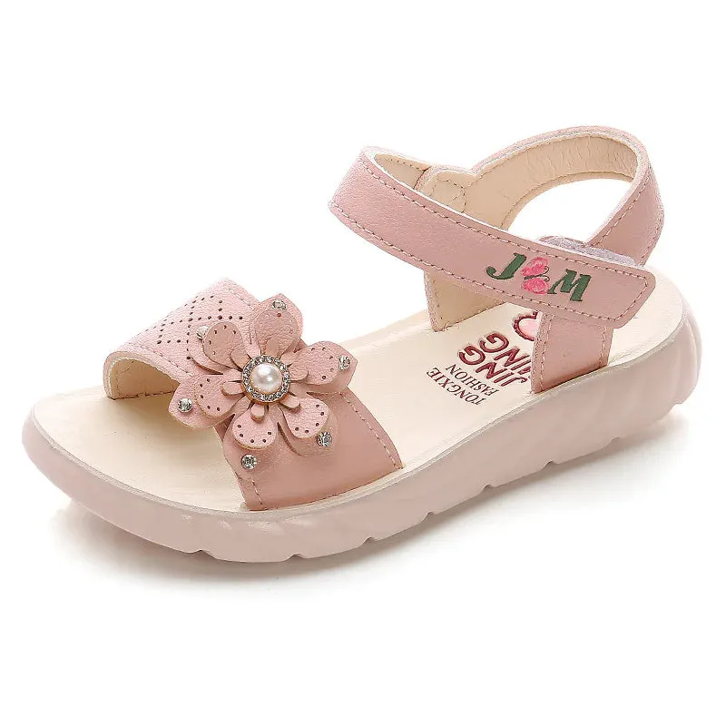 Girls Sandals 2023 Summer Children Shoes Soft Soled Non-slip Kids Flower Pearl Beach Shoes Fashion Princess Sandals босоніжки