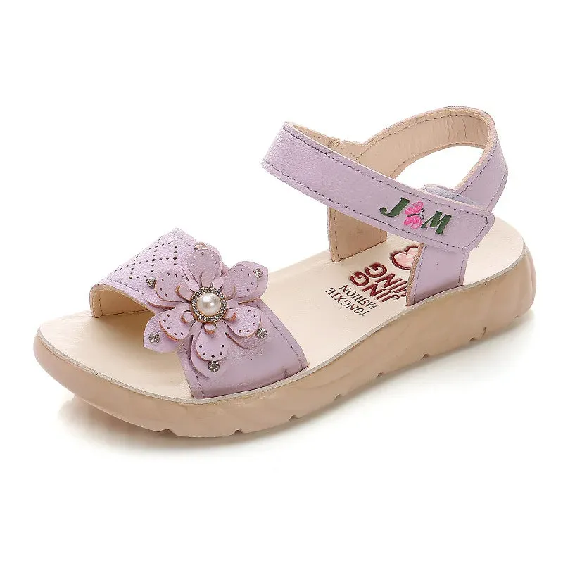 Girls Sandals 2023 Summer Children Shoes Soft Soled Non-slip Kids Flower Pearl Beach Shoes Fashion Princess Sandals босоніжки