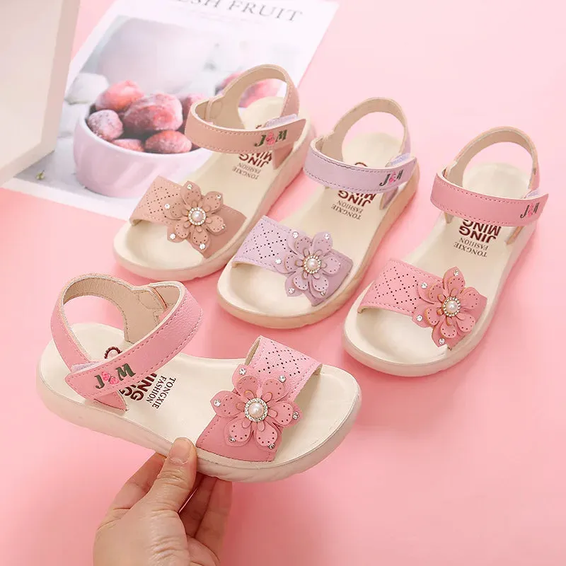 Girls Sandals 2023 Summer Children Shoes Soft Soled Non-slip Kids Flower Pearl Beach Shoes Fashion Princess Sandals босоніжки