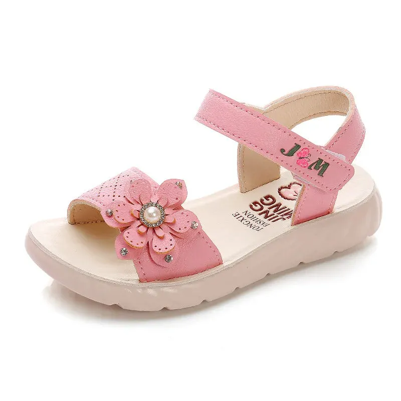 Girls Sandals 2023 Summer Children Shoes Soft Soled Non-slip Kids Flower Pearl Beach Shoes Fashion Princess Sandals босоніжки