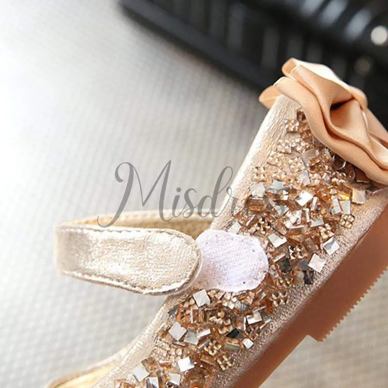 Gold/Silver/Pink Leather Bow Sequin Flower Girl Shoes Wedding Party Princess Shoes