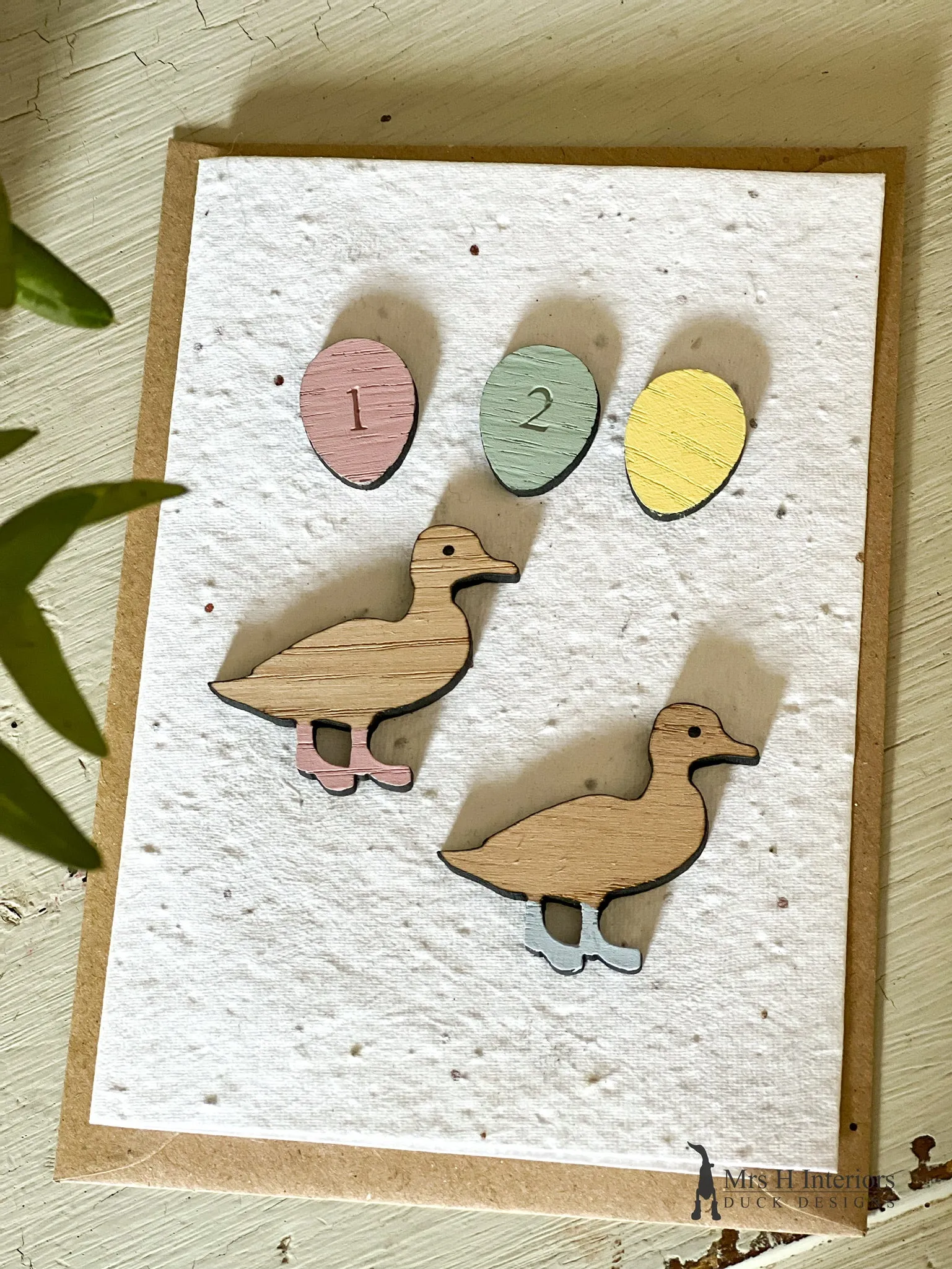 Happy Birthday - Duckling & Balloon - Greetings Card - Decorated Wooden Duck in Boots by Mrs H the Duck Lady