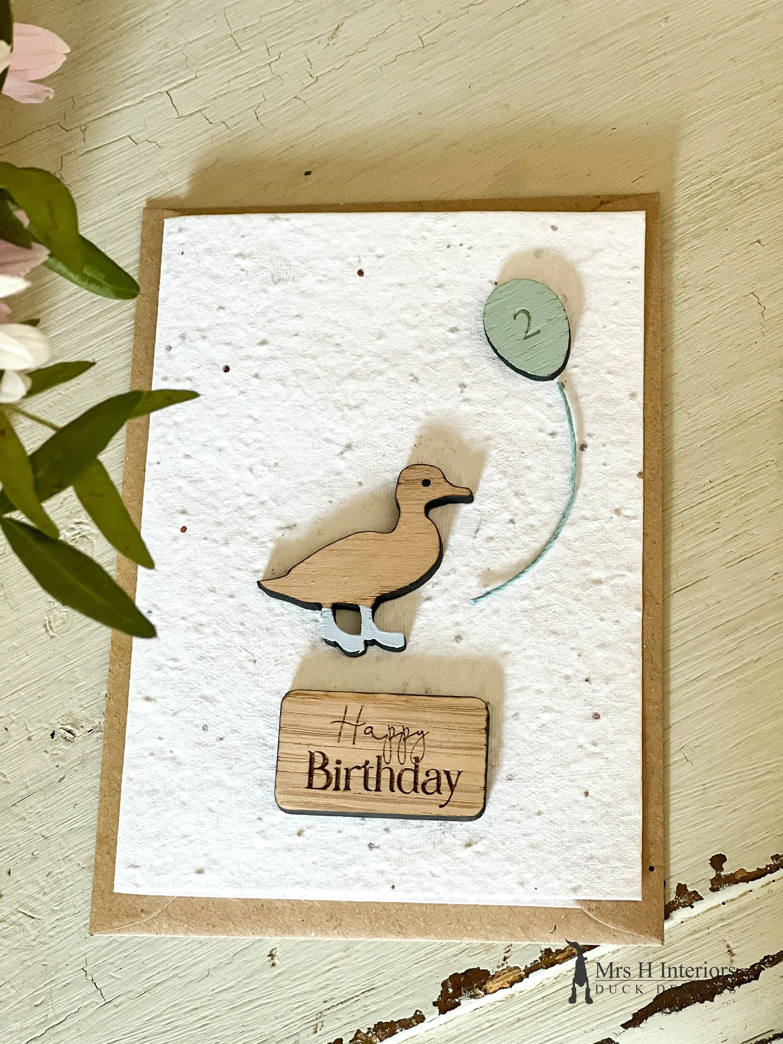 Happy Birthday - Duckling & Balloon - Greetings Card - Decorated Wooden Duck in Boots by Mrs H the Duck Lady