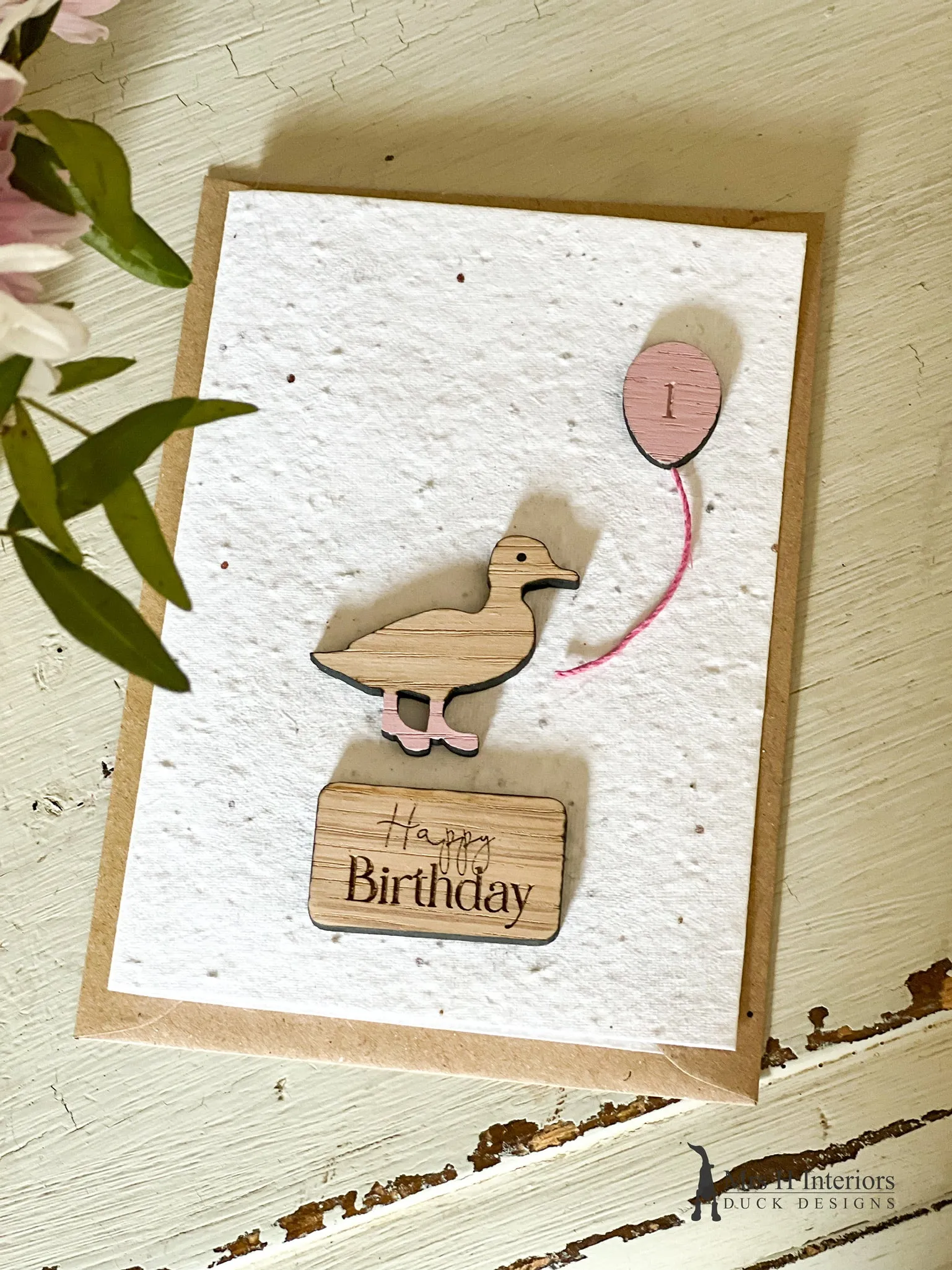 Happy Birthday - Duckling & Balloon - Greetings Card - Decorated Wooden Duck in Boots by Mrs H the Duck Lady