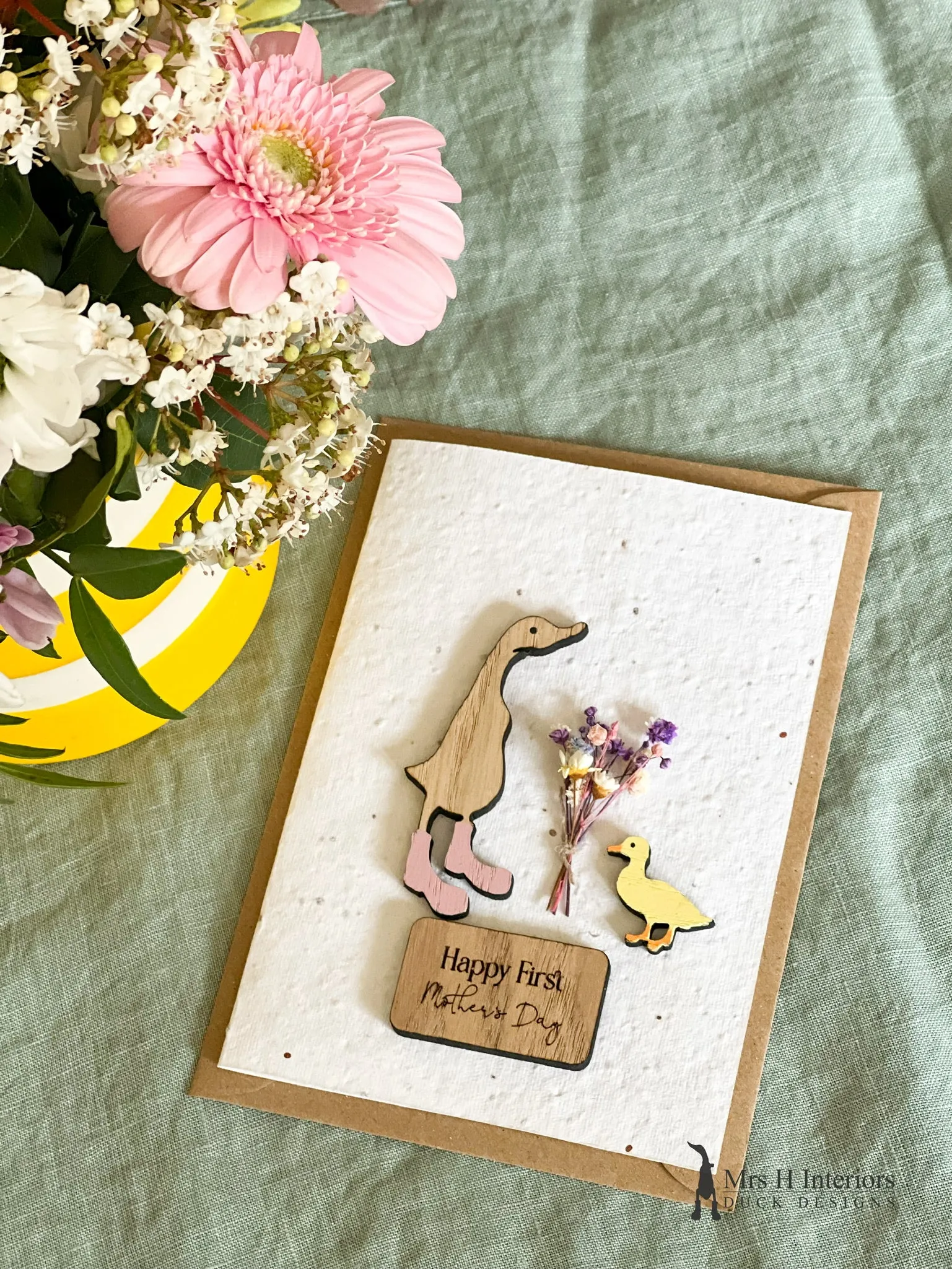 Happy First Mother's Day - Duck with Duckling - Mother's Day Card - Decorated Wooden Duck in Boots by Mrs H the Duck Lady