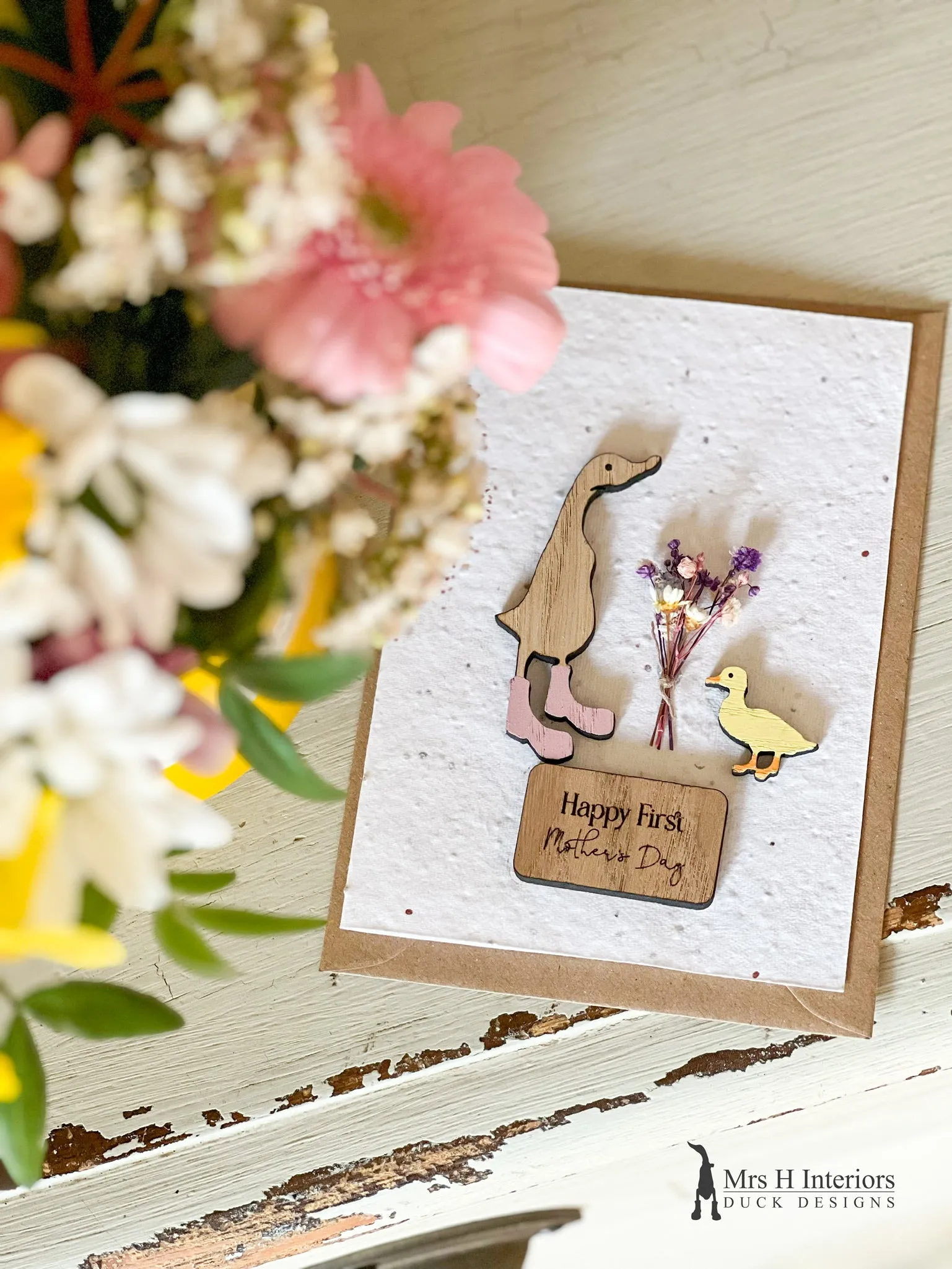 Happy First Mother's Day - Duck with Duckling - Mother's Day Card - Decorated Wooden Duck in Boots by Mrs H the Duck Lady