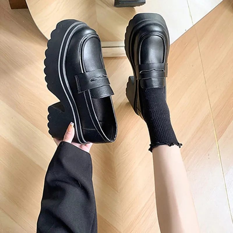 Hnzxzm Black Super High Heels Loafers for Women Patent Leather Chunky Platform Pumps Woman 2024 Spring Thick Heeled Gothic Shoes Laides