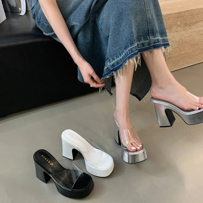 Hnzxzm White High Heel Slippers PVC Transparent Platform Gladiator Shoes Summer Chunky Heeled Sandals Leisure Ladies Slippers Silver