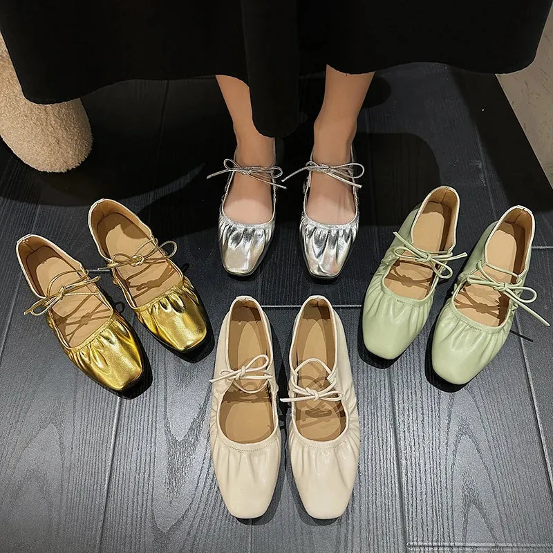 Hnzxzm Women Flat Shoes Genuine Leather Sheepskin Comfort Flats Slip On Silver Beige Simple Shoes Spring Autumn Soft Loafers Square Toe