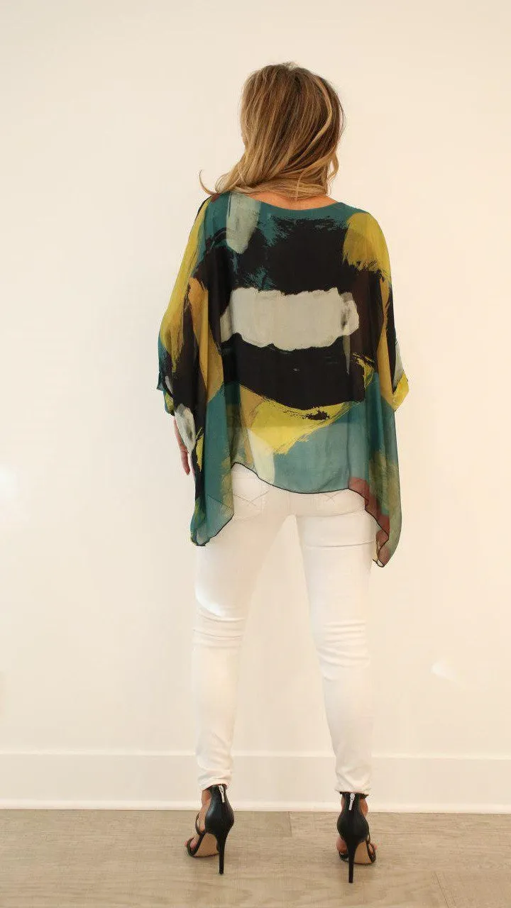 Italian Hand Painted Pattern Raw Moda Silk Top