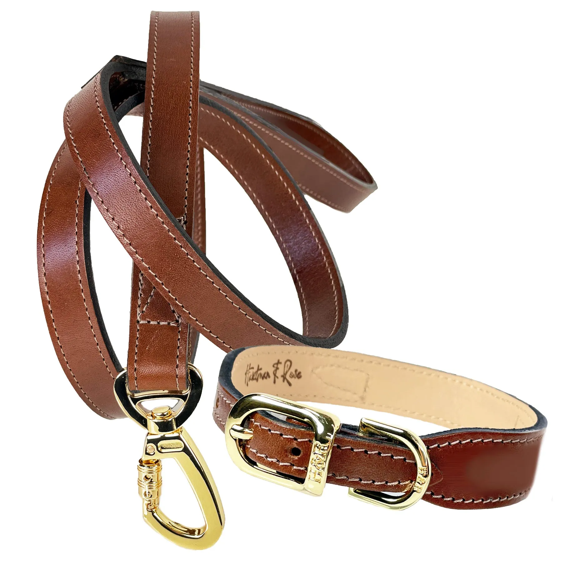 Italian Rich Brown Leather Dog Leash in Gold