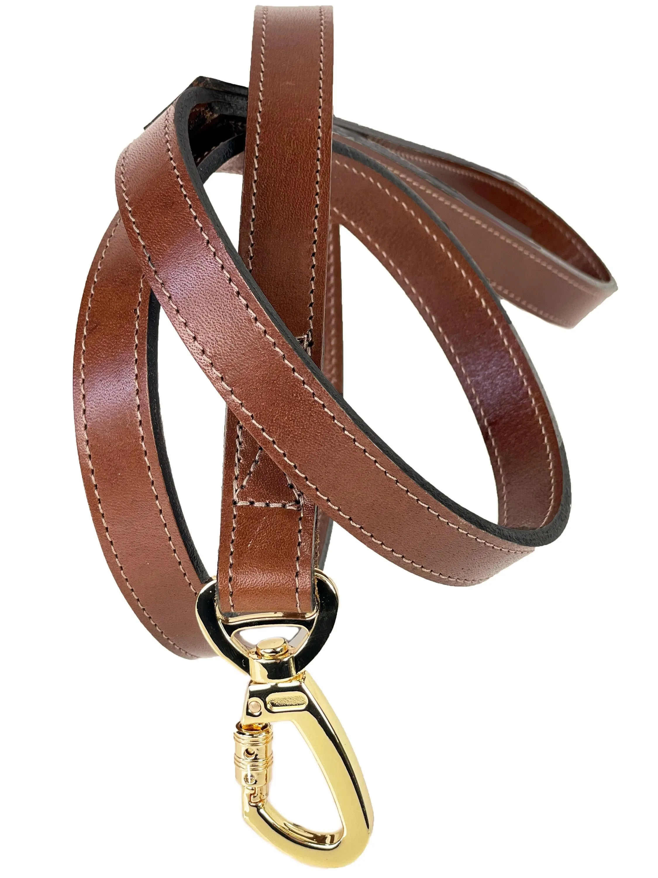 Italian Rich Brown Leather Dog Leash in Gold