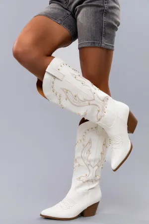 Ivory Embroidered Pearl Detail Heeled Boots