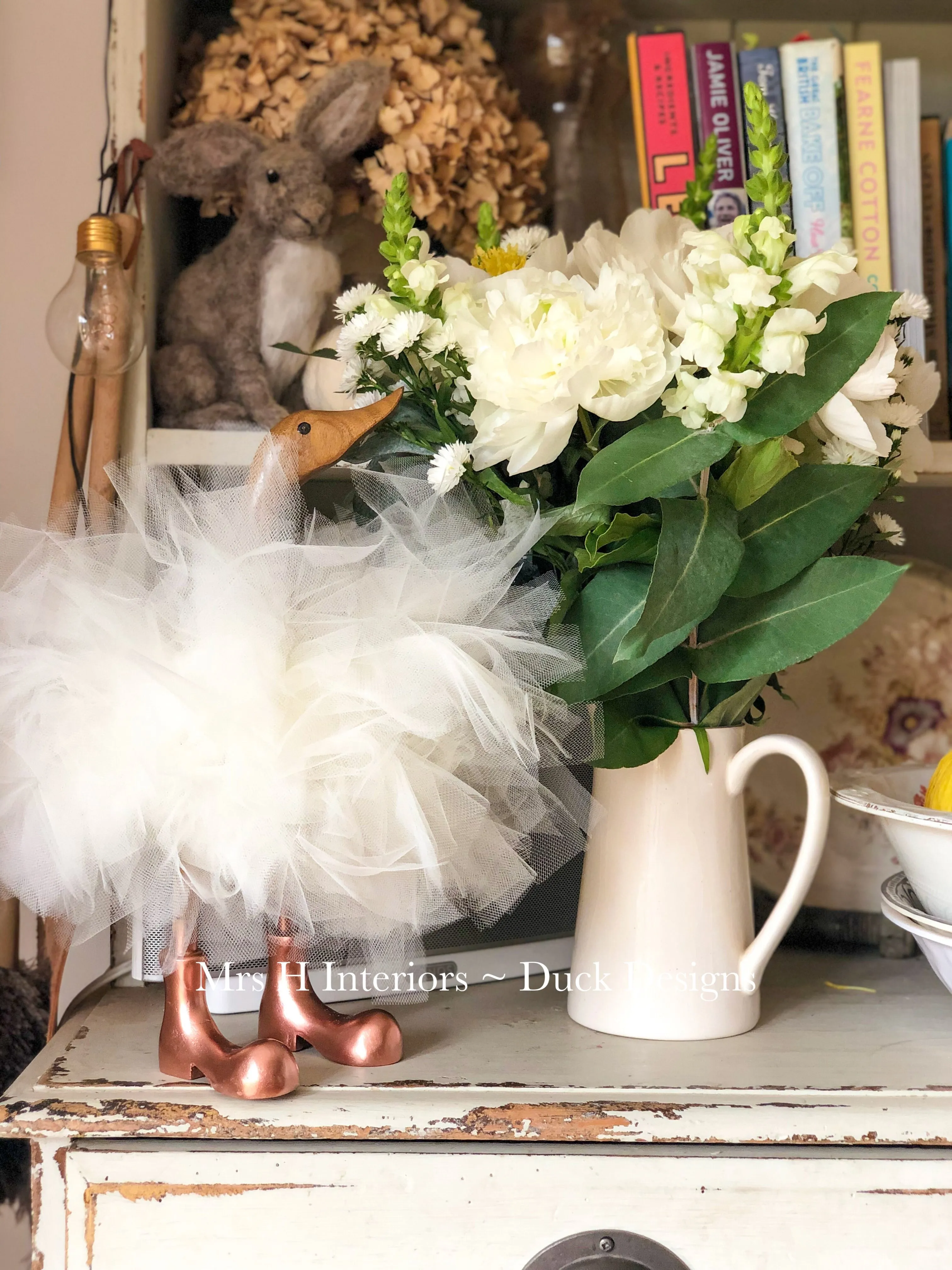 Ivory tutu duck - Decorated Wooden Duck in Boots by Mrs H the Duck Lady