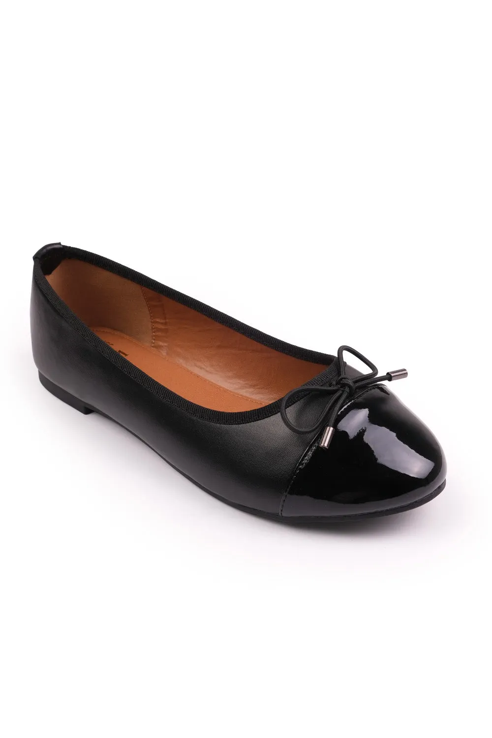 JANICE EXTRA WIDE BALLERINA FLATS WITH FRONT BOW DETAIL IN BLACK FAUX LEATHER