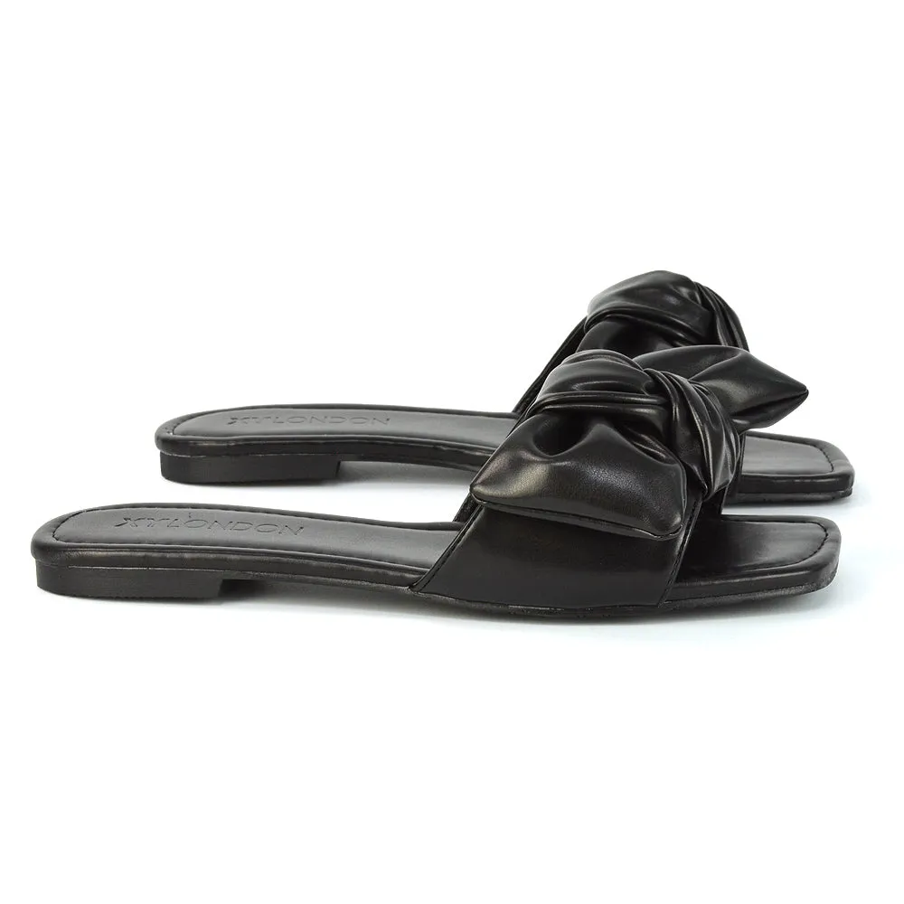 Kallie Flat Bow Detail Square Toe Summer Slider Sandals in Black Synthetic Leather