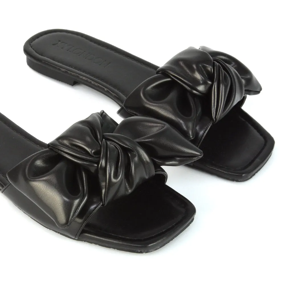 Kallie Flat Bow Detail Square Toe Summer Slider Sandals in Black Synthetic Leather