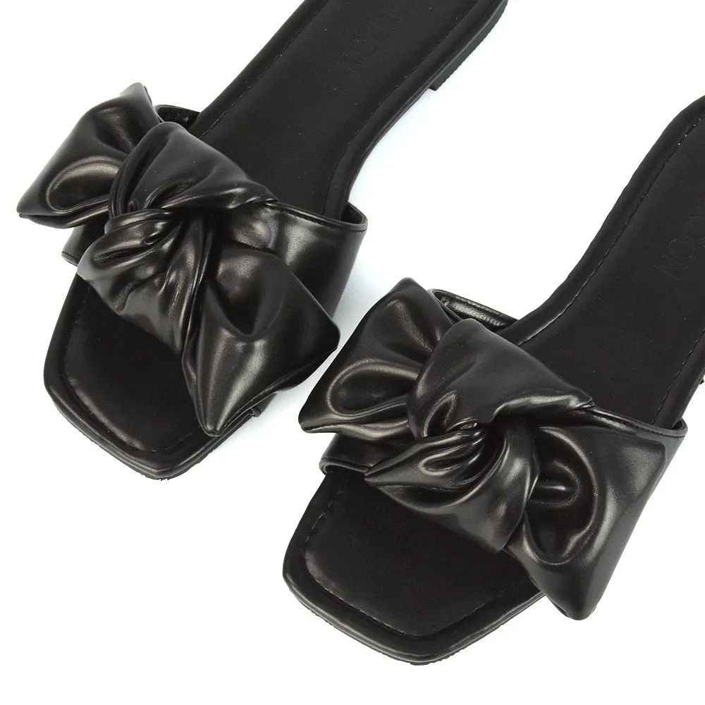 Kallie Flat Bow Detail Square Toe Summer Slider Sandals in Black Synthetic Leather