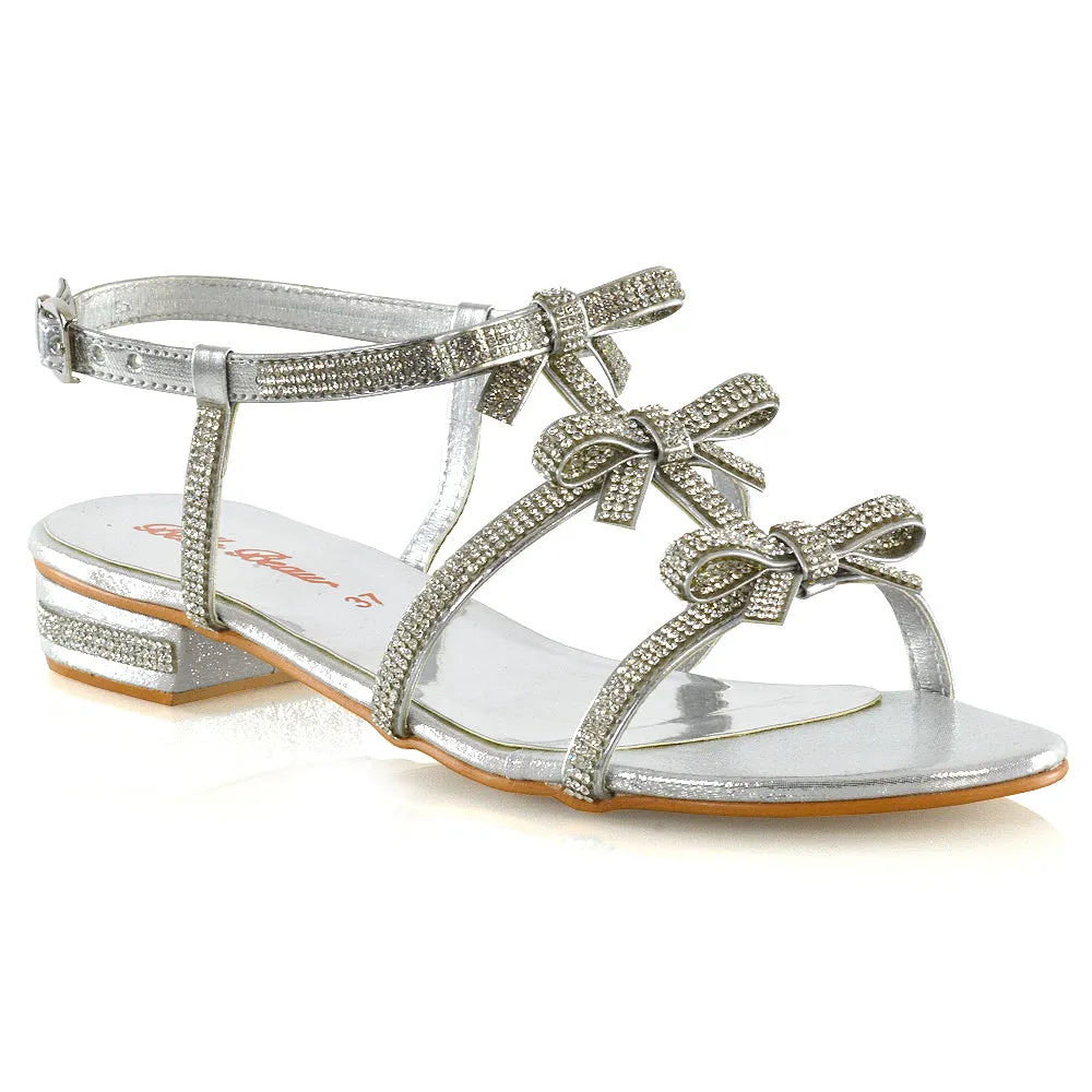 KENZIE LOW BLOCK HEEL BOW DETAIL SPARKLY DIAMANTE ANKLE STRAP FLAT SANDALS IN SILVER