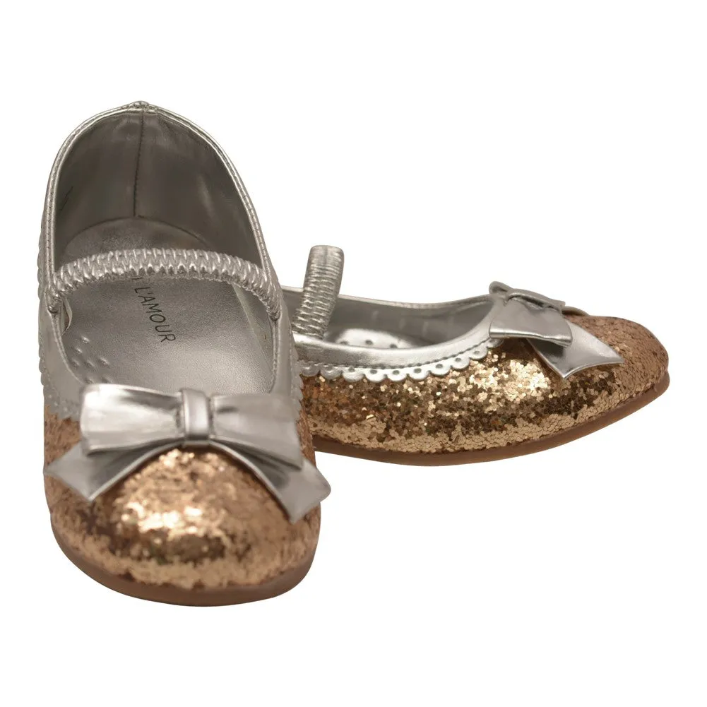 Little Girls Gold Glitter Patent Bow Scalloped Dress Shoes 5-10 Toddler