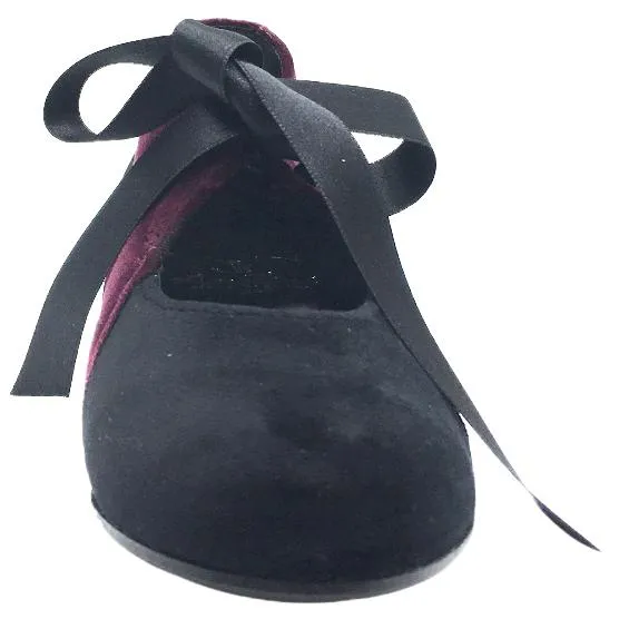 Luccini Girl's Burgundy & Black Two Tone Velvet Ribbon Bow Tie Lace Up Flats