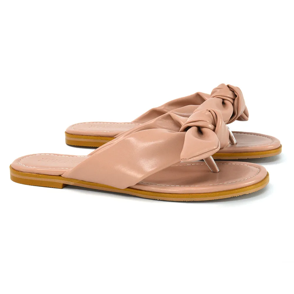 Marleigh Bow Detail Toe Post Flat Sandal Slides in NUDE SYNTHETIC LEATHER