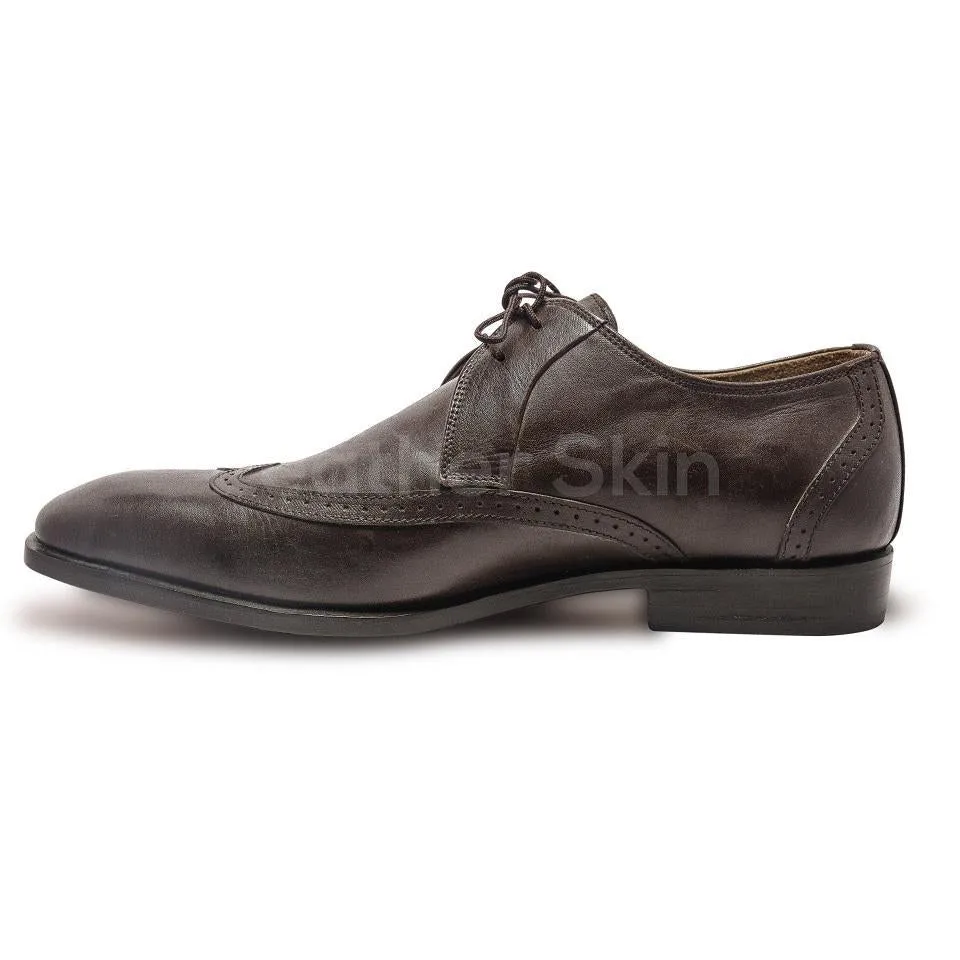 Men Chocolate Brown Wingtip Brogue Derby Leather Shoes