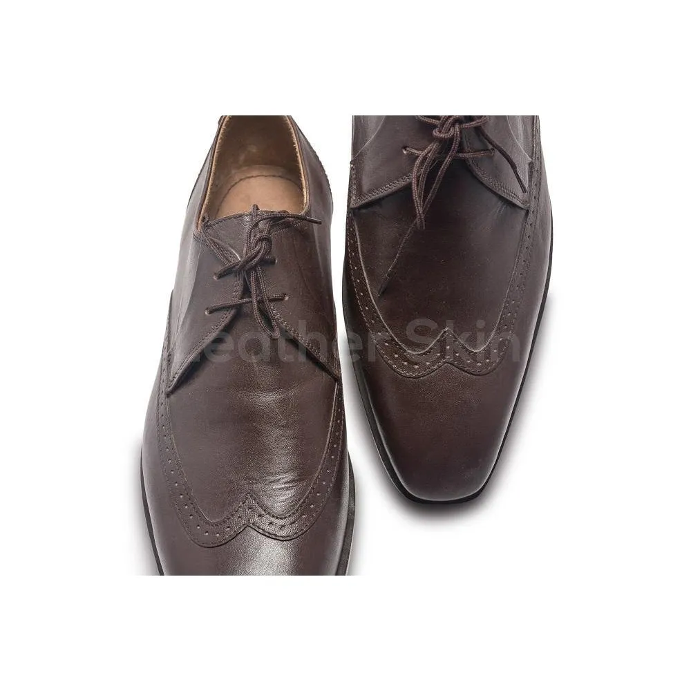 Men Chocolate Brown Wingtip Brogue Derby Leather Shoes