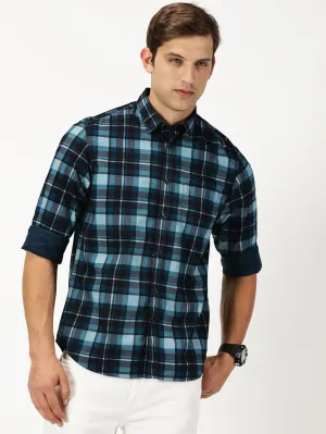 MEN'S  BLUES GREEN CHECKS SLIM FIT SHIRT