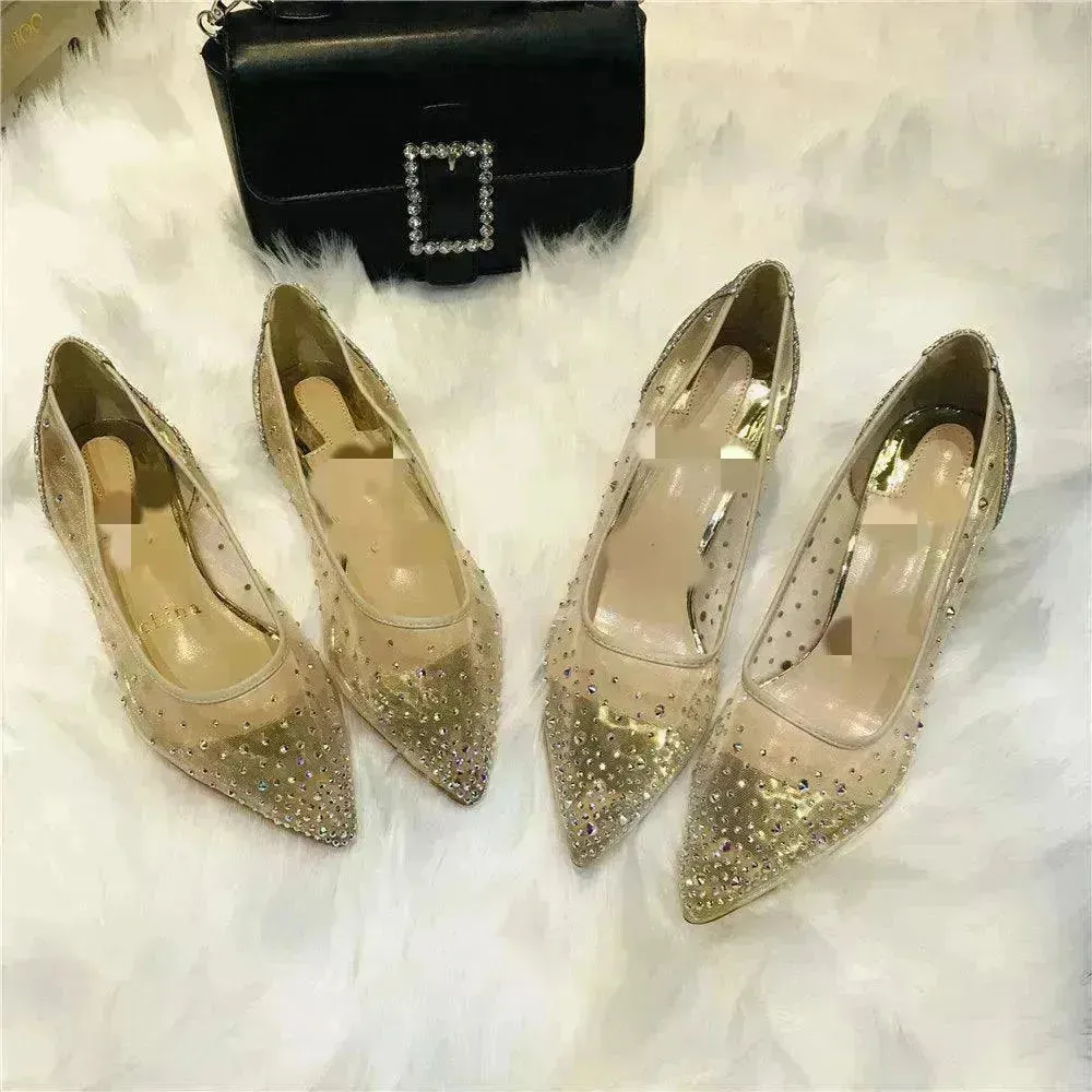 Mesh Rhinestone Transparent Women's Single Shoes Pointed High Heels Women