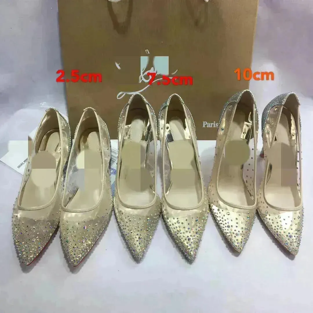 Mesh Rhinestone Transparent Women's Single Shoes Pointed High Heels Women