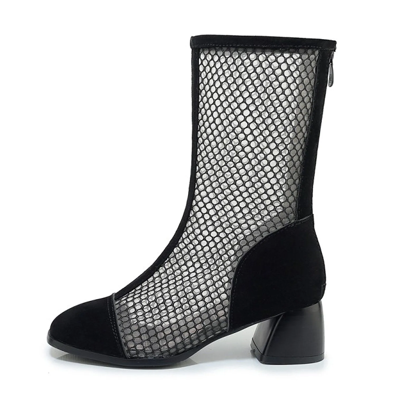 Mesh Zipper Fish Mouth Low-heeled Boots