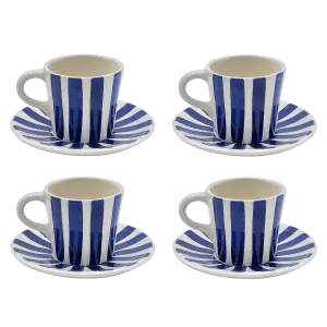 Navy Blue Stripes Espresso Cup & Saucers (Set of 4)