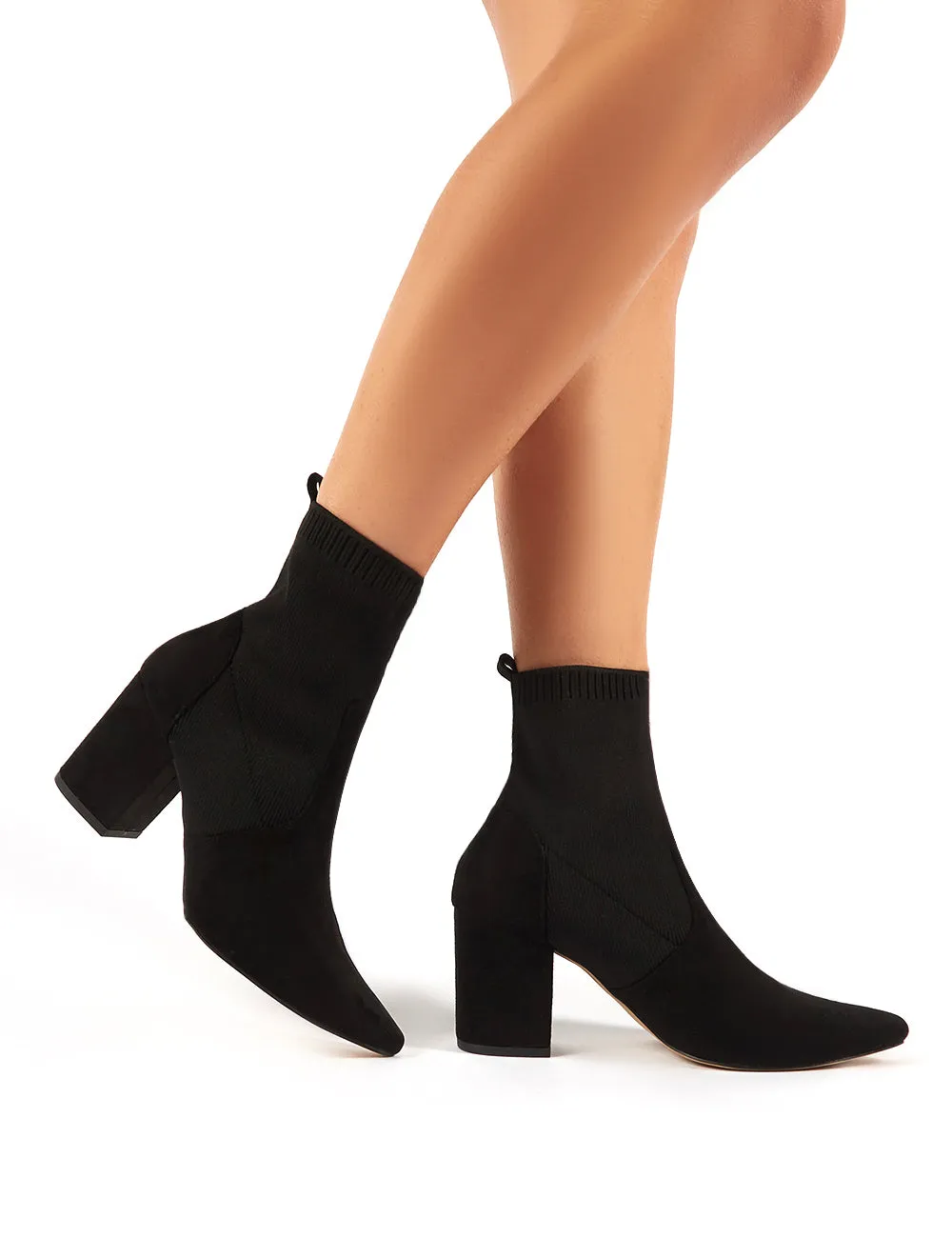 Nuala Black Suede Block Heeled Knitted Sock Fit Ankle Boots