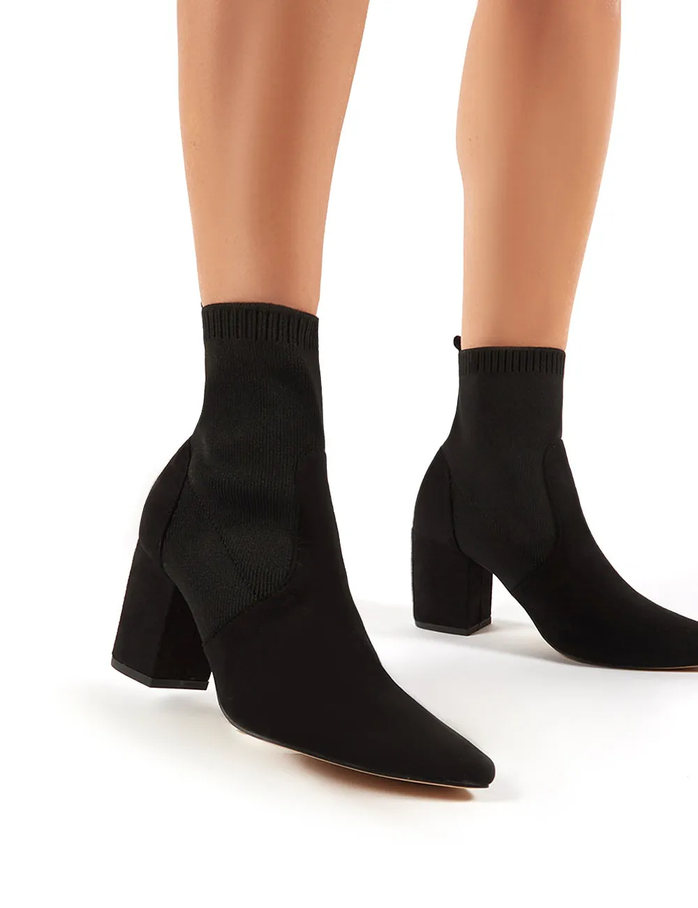 Nuala Black Suede Block Heeled Knitted Sock Fit Ankle Boots