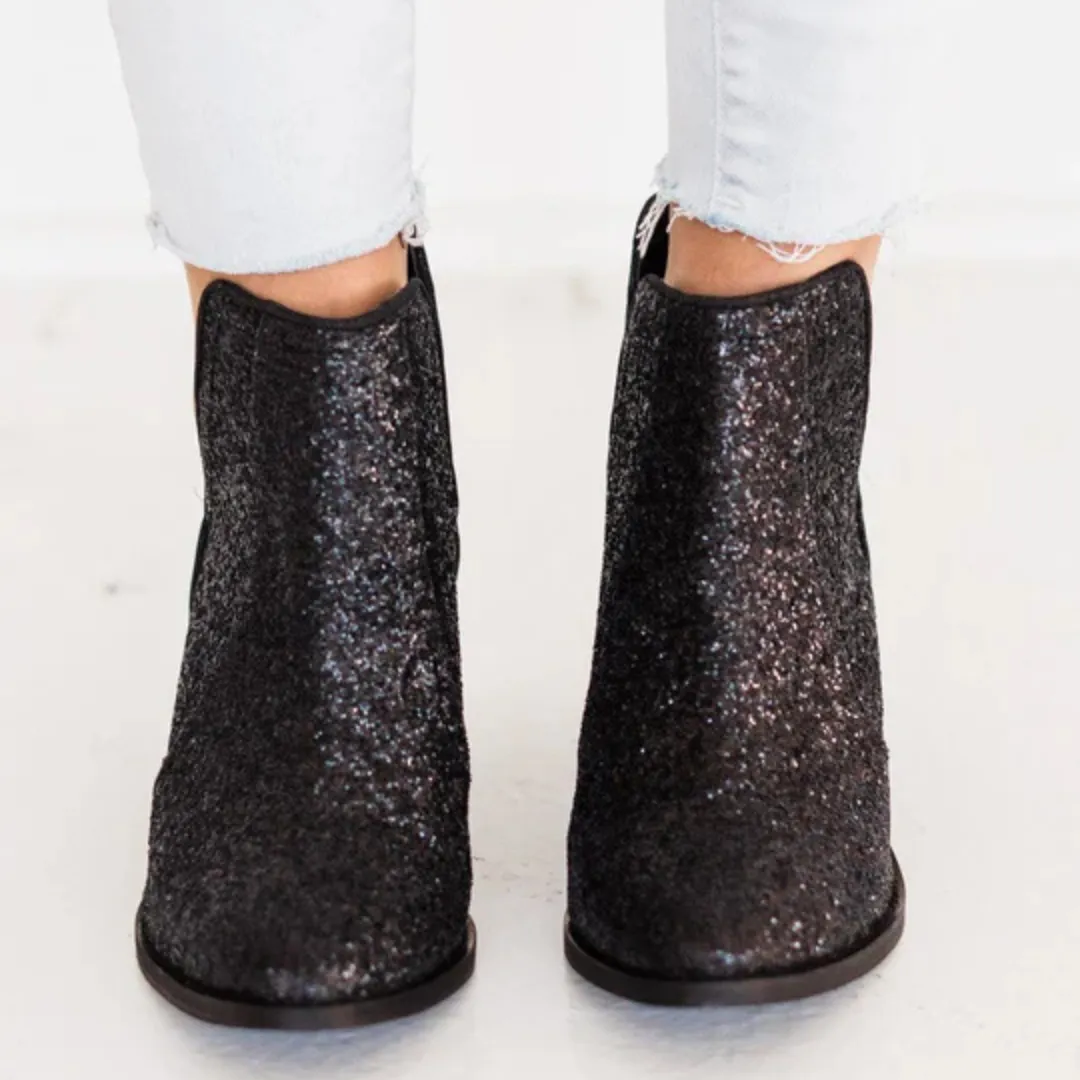 Online Exclusive | Fiera Heeled Glitter Booties in Black