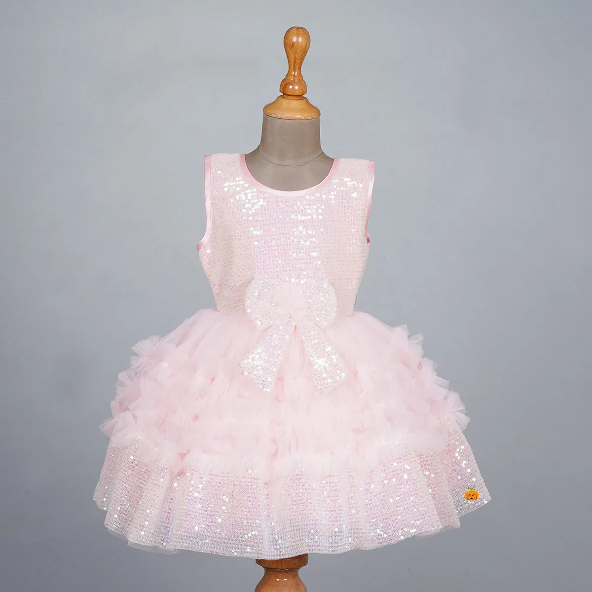 Peach Sequin Bow Frock for Girls