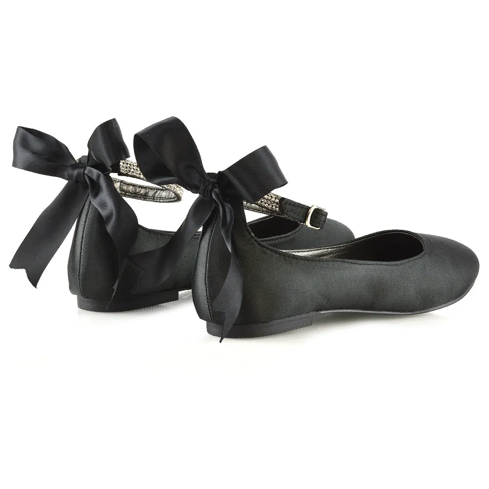 Penelope Bow Detail Diamante Strappy Bridal Wedding Flat Ballerina Bridal Shoes in Black Satin