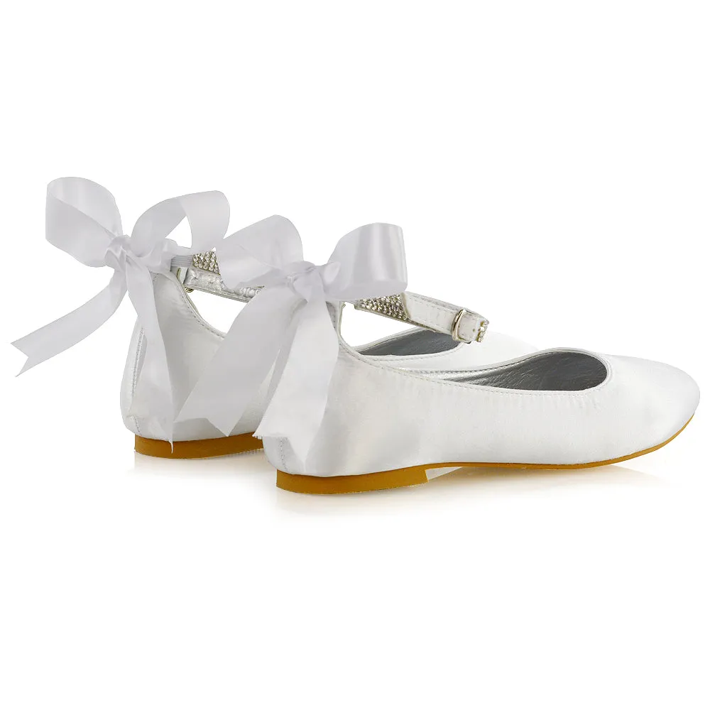 Penelope Bow Detail Diamante Strappy Bridal Wedding Flat Ballerina Bridal Shoes in Black Satin