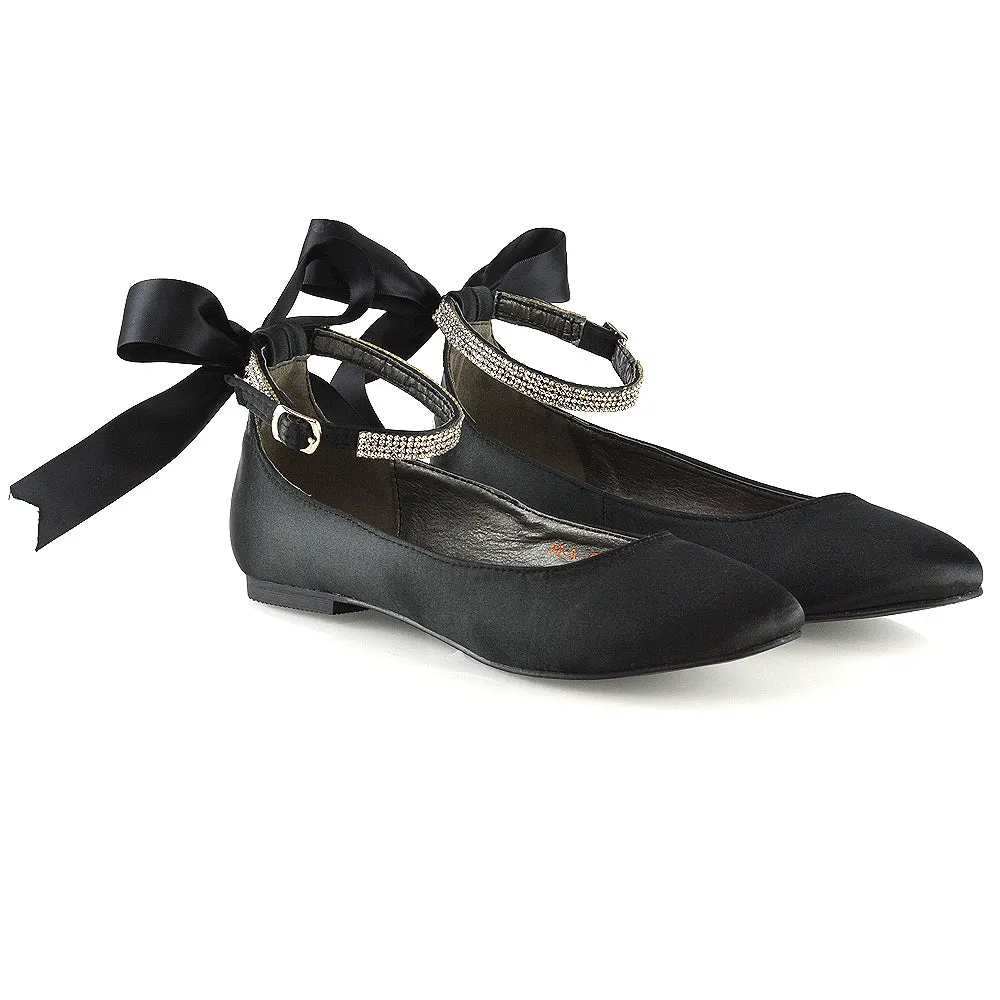 Penelope Bow Detail Diamante Strappy Bridal Wedding Flat Ballerina Bridal Shoes in Black Satin