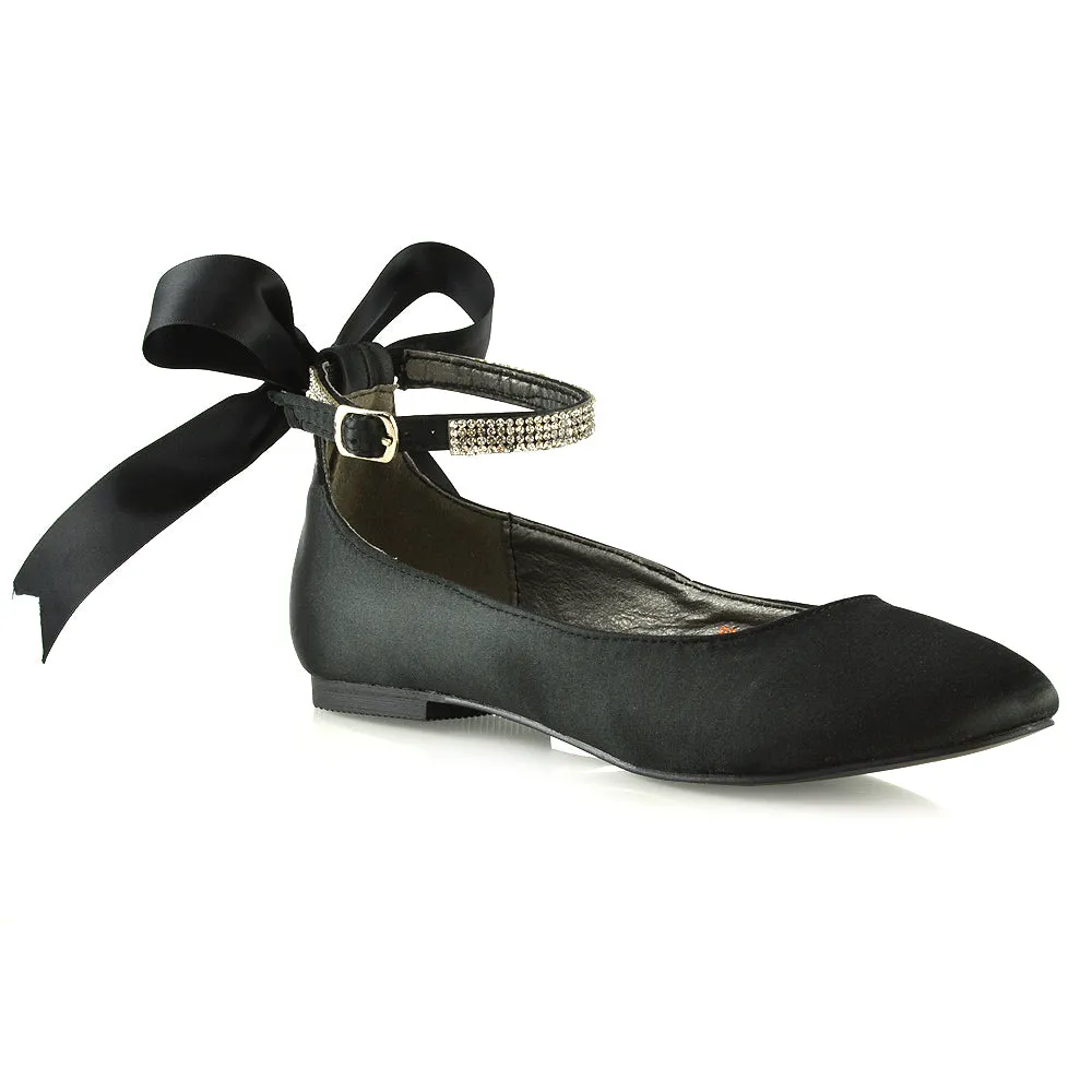 Penelope Bow Detail Diamante Strappy Bridal Wedding Flat Ballerina Bridal Shoes in Black Satin