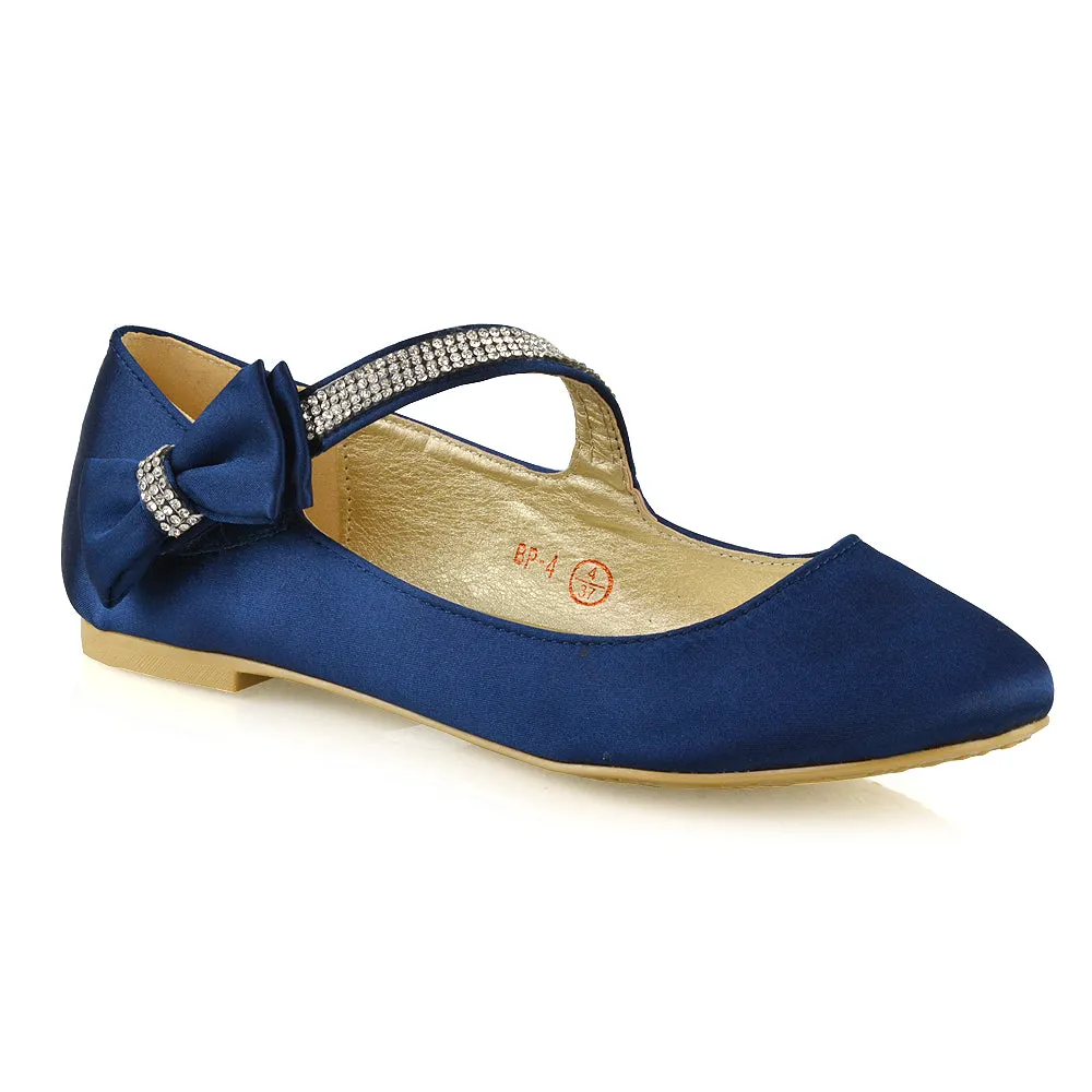 Poppy-Faye Embellished Bow Detail Diamante Strap Wedding Pumps Flat Bridal Shoes in Navy Satin