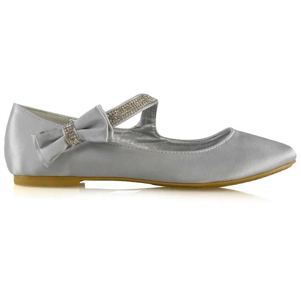 Poppy-Faye Embellished Bow Detail Diamante Strap Wedding Pumps Flat Bridal Shoes in Navy Satin