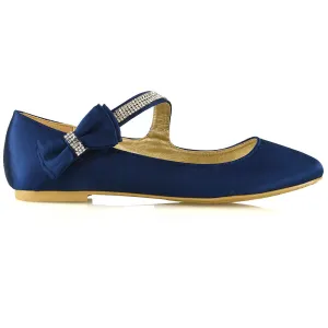 Poppy-Faye Embellished Bow Detail Diamante Strap Wedding Pumps Flat Bridal Shoes in Navy Satin