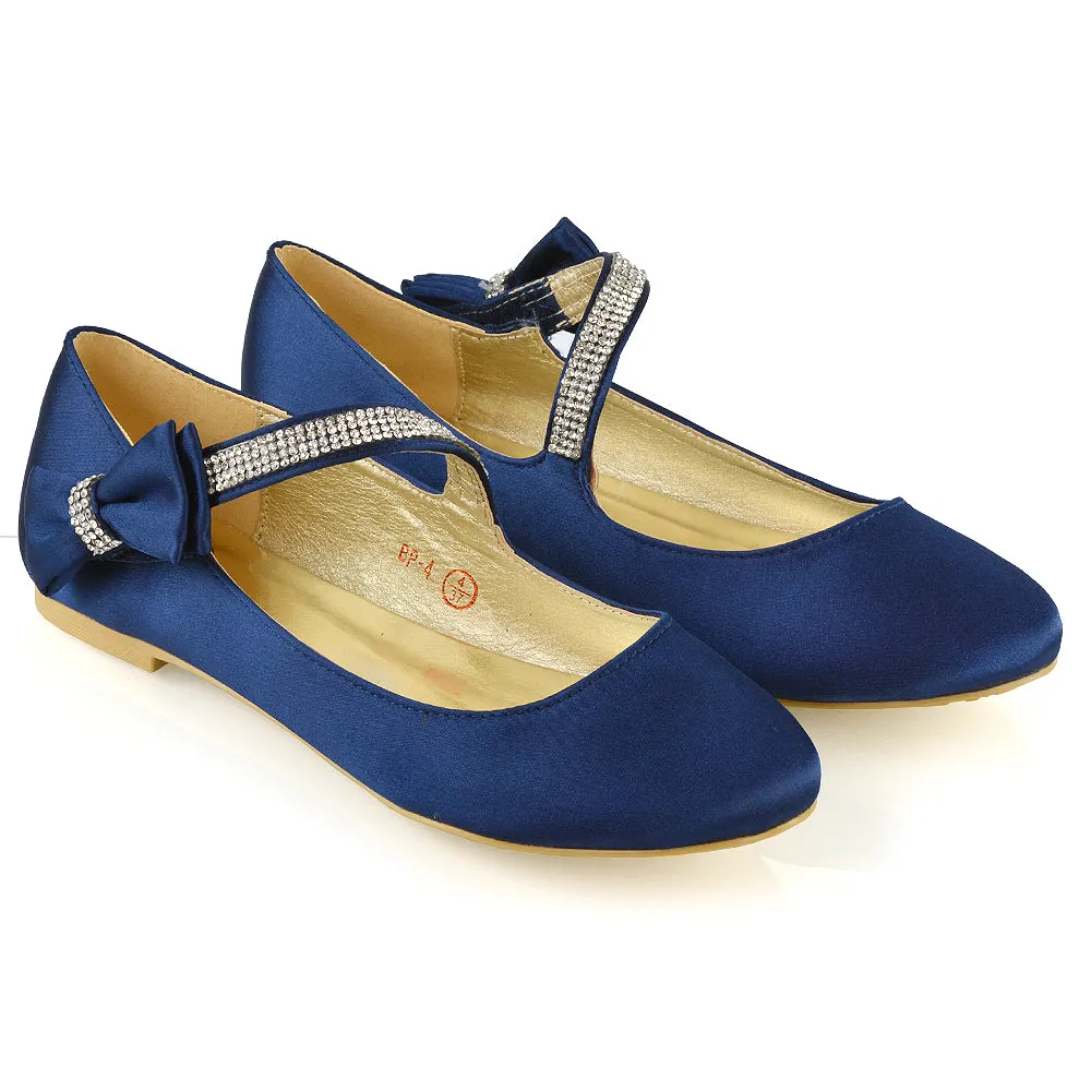 Poppy-Faye Embellished Bow Detail Diamante Strap Wedding Pumps Flat Bridal Shoes in Navy Satin