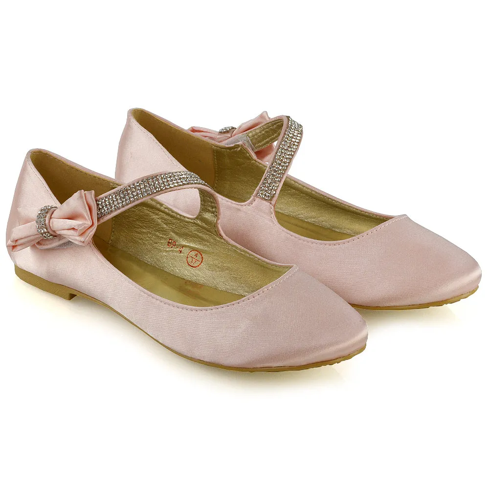 Poppy-Faye Embellished Bow Detail Diamante Strap Wedding Pumps Flat Bridal Shoes in Pastel Pink Satin